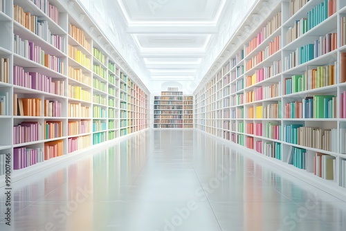 A perspective shot of a long hallway lined with white bookshelves, showcasing rows of colorful books.