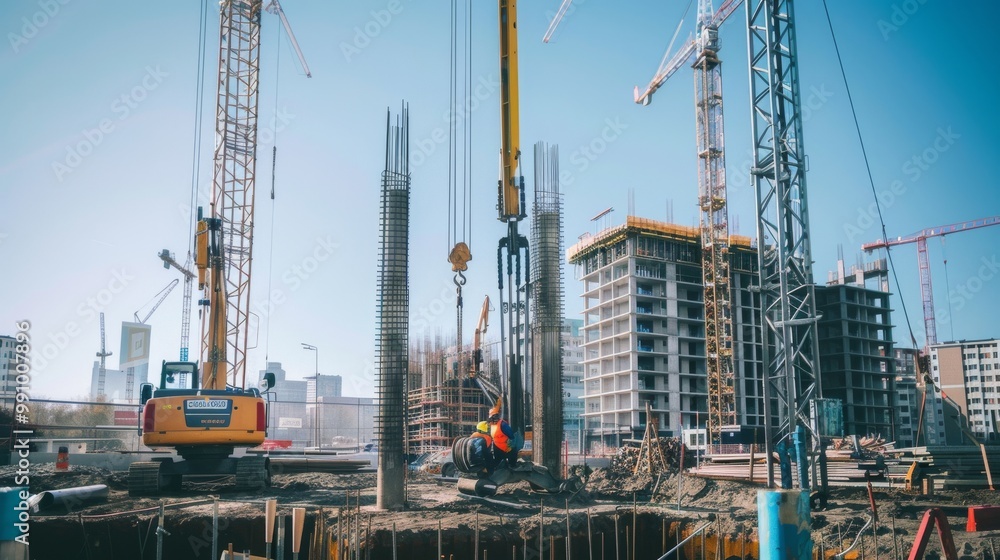 Under a clear blue sky, a bustling construction site showcases cranes, equipment, and workers building towering structures. Under a clear blue sky, a bustling construction site showcases cranes, equipment, and workers building towering structures.