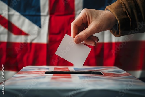 A voter places a ballot into a methacrylate box in front of the British flag during election day photo