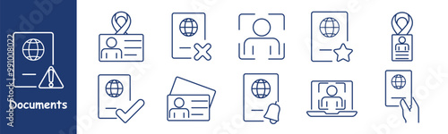 Documents set icon. Passport, ID card, check, warning, expiration, notification, laptop login, approved, rejected, identity verification, global access, document security, credentials