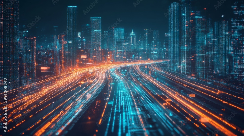 Obraz premium A city skyline at night with a highway with glowing lights.