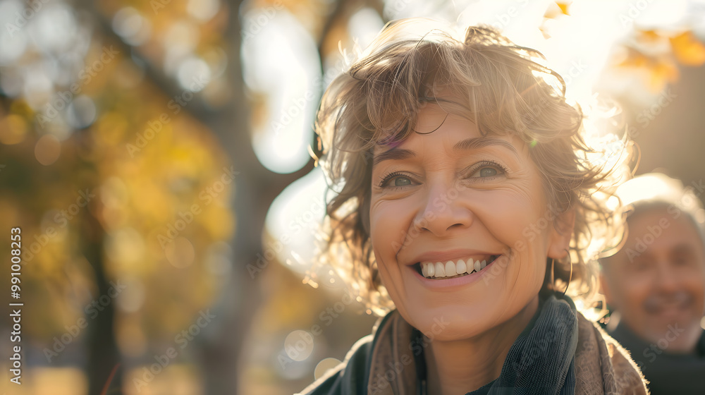 Portrait close up head shot of one cheerful smiling middle age woman walking with her husband enjoying free time and nature. generative ai. Portrait close up head shot of one cheerful smiling middle age woman walking with her husband enjoying free time and nature. generative ai.