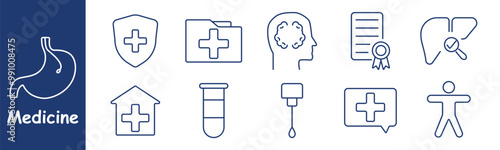 Medicine set icon. Stomach, shield, health record, brain scan, test tube, hospital, medical report, liver check, healthcare facility, wellness, diagnosis, patient care, healthcare system