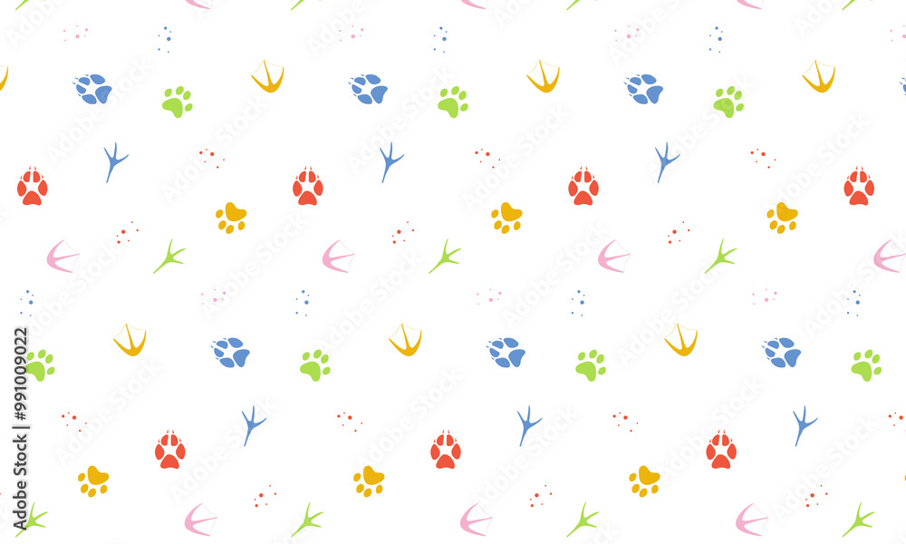 Simple Seamless Pattern with Colorful Animal Tracks, Paw, Veterinary, Cute Simple Seamless Pattern with Colorful Animal Tracks, Paw, Veterinary, Cute