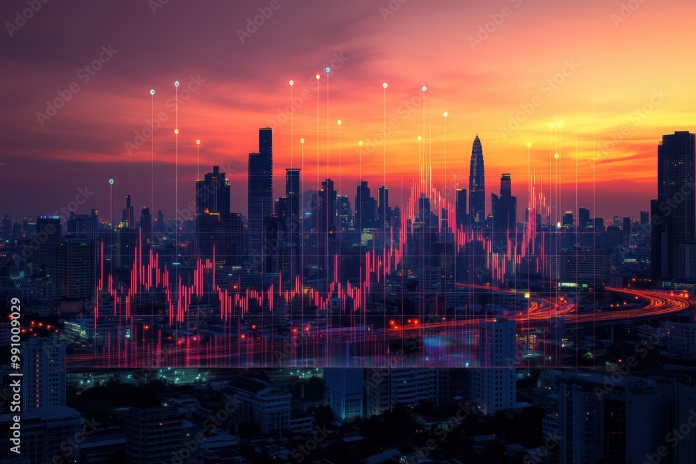 Fototapeta premium Digital stock market charts and graphs with a cityscape background