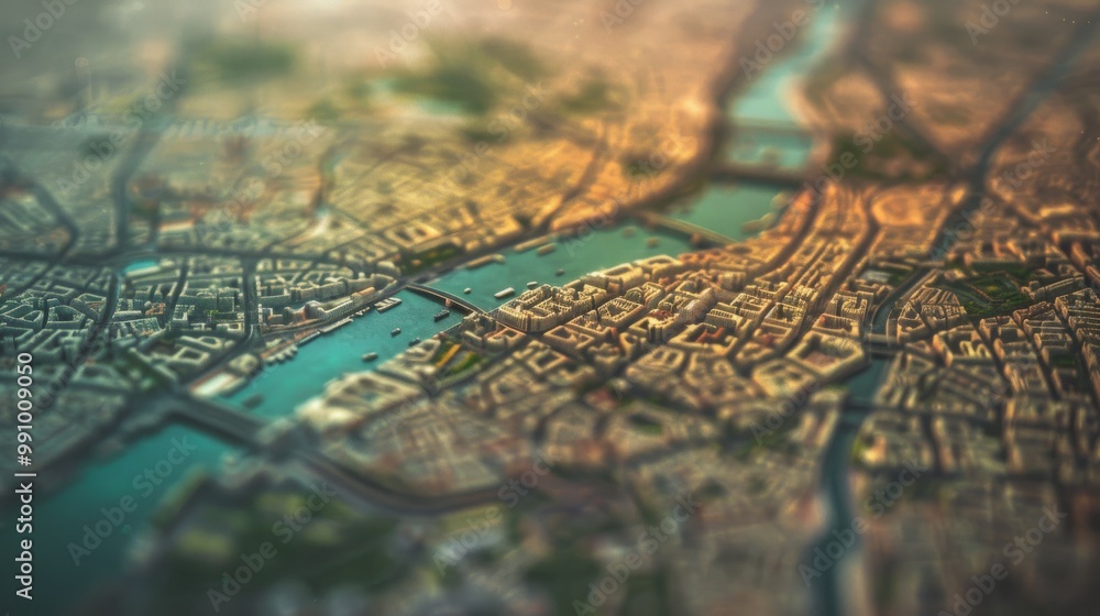 Fototapeta premium An overhead view of a city map highlights an intricate river system flowing through the urban grid with sharp focus on the bridges and waterfront.