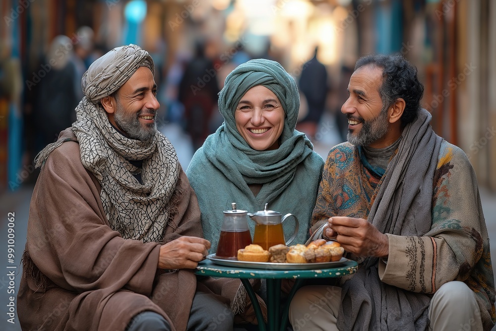 Patrons enjoy mint tea and pastries while relaxing on a vibrant street in Casablanca during a warm, inviting afternoon Patrons enjoy mint tea and pastries while relaxing on a vibrant street in Casablanca during a warm, inviting afternoon