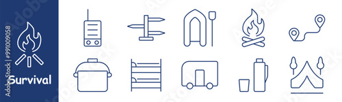 Survival set icon. Radio, direction sign, raft, campfire, route, pot, bunk bed, caravan, thermos, tent, camping, outdoor gear, navigation, adventure.