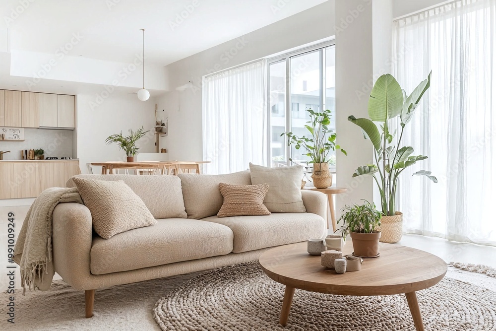 Naklejka premium A Scandinavian mid-century modern interior photo of a modern living room in a windowed, white-finished living room. Generative AI 