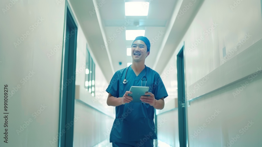 A smiling healthcare worker walks down a brightly lit hospital hallway, holding a tablet, ready to provide compassionate patient care. A smiling healthcare worker walks down a brightly lit hospital hallway, holding a tablet, ready to provide compassionate patient care.