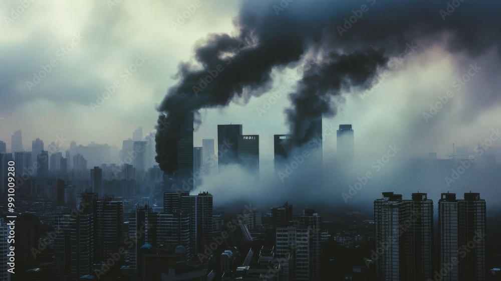 Obraz premium Intense smoke billows from skyscraper fires enveloping a modern cityscape in dark, ominous clouds, depicting a scene of urban chaos and distress.
