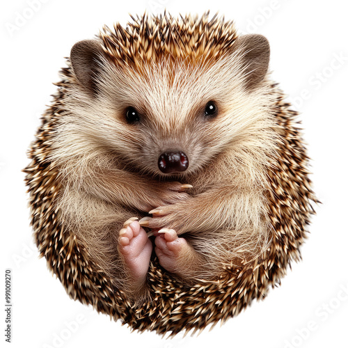 Curled up hedgehog showcasing its soft underbelly and facial features, surrounded by a protective layer of distinctive spines, exuding an adorable and serene demeanor. photo