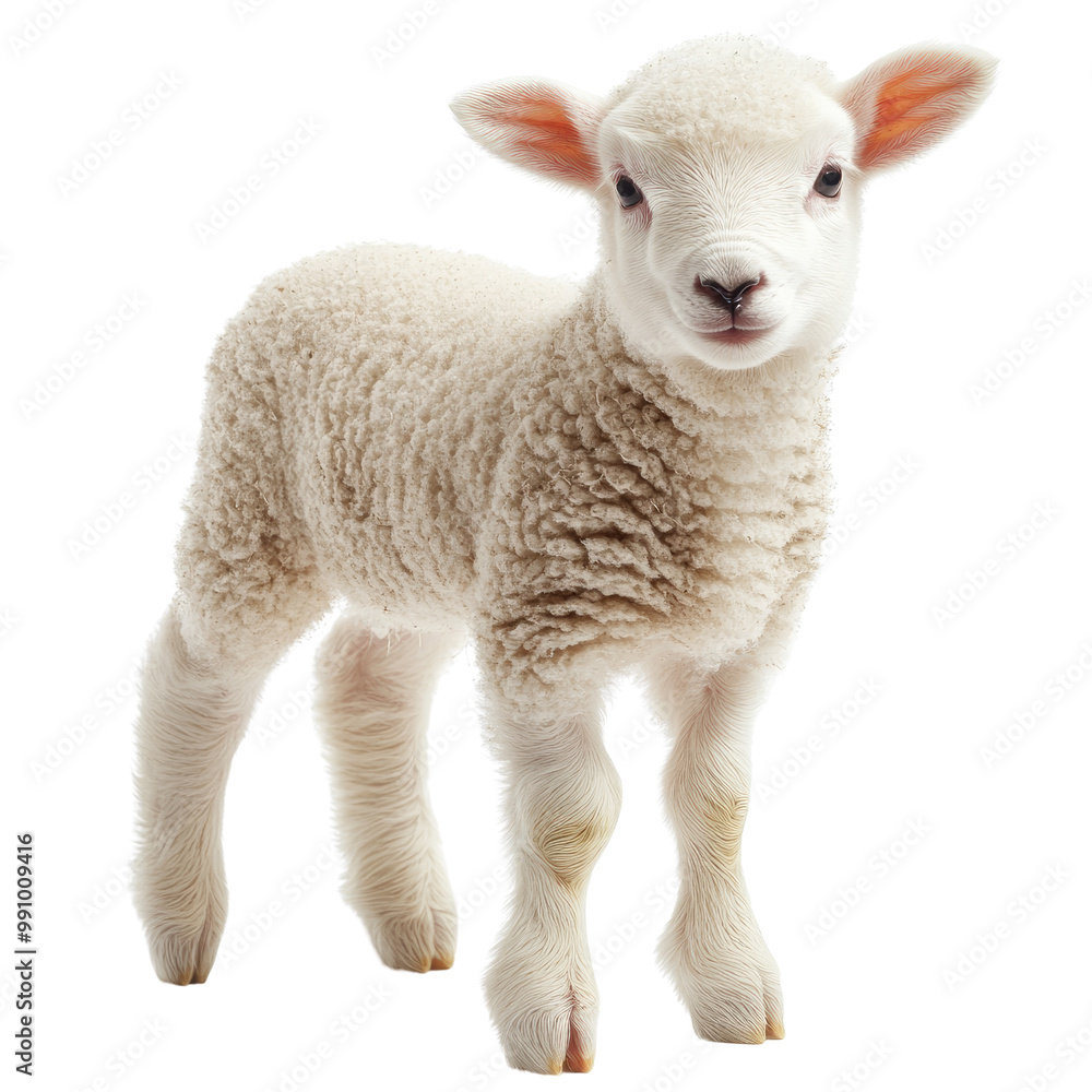 Playful baby lamb, standing on soft white background, fluffy wool texture, curious expression, bright eyes, small ears, capturing innocence and charm of farm life Playful baby lamb, standing on soft white background, fluffy wool texture, curious expression, bright eyes, small ears, capturing innocence and charm of farm life