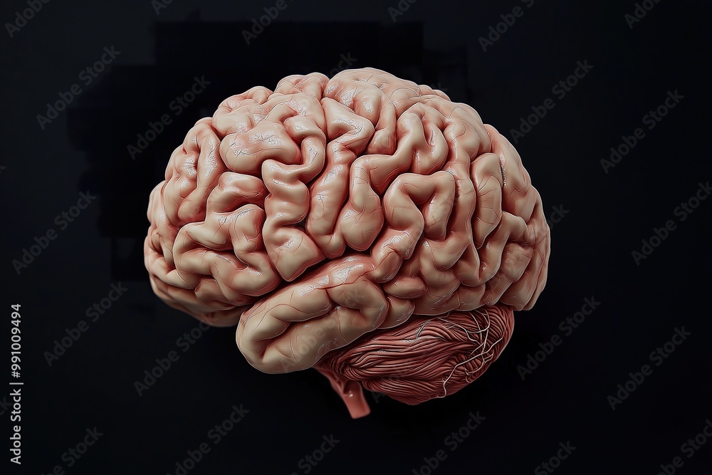 Anatomically correct top-side view of a human brain showcasing intricate folds and structures against a dark background for educational purposes Anatomically correct top-side view of a human brain showcasing intricate folds and structures against a dark background for educational purposes