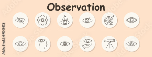 Observation set icon. Eye closed, vision technology, passion, target vision, focus, observation, foresight, global vision, help, telescope, zoom, inspection.