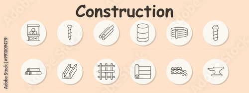 Construction set icon. Storage unit, screw, metal pipes, barrel, strap, drill bit, steel beam, grid, fabric roll, conveyor belt, anvil, materials.