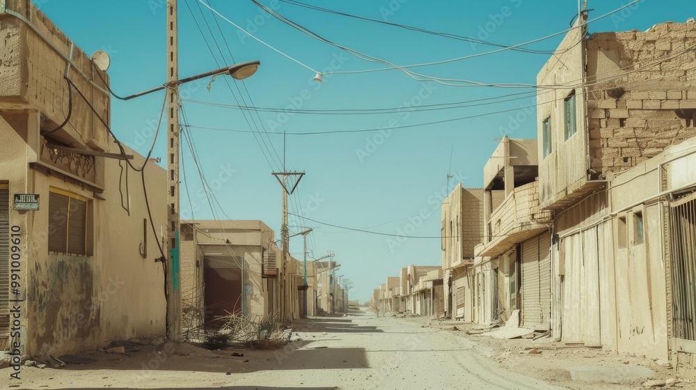 A desolate, sun-drenched street in a dusty, abandoned town, with crumbling buildings and tangled power lines against a clear blue sky. A desolate, sun-drenched street in a dusty, abandoned town, with crumbling buildings and tangled power lines against a clear blue sky.