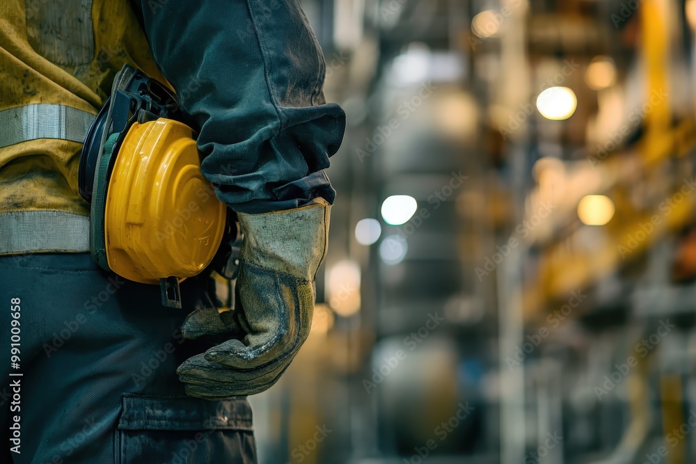 A worker in protective gear stands in an industrial environment, highlighting safety measures. A worker in protective gear stands in an industrial environment, highlighting safety measures.