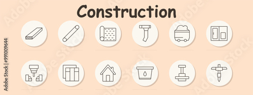 Construction set icon. Wooden plank, metal pipe, fabric roll, gutter, mining cart, door, machine tool, building framework, house, bucket, press machine, foundation drilling