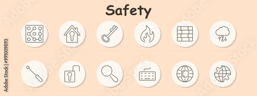 Safety set icon. Lock pattern, house with lock, key, fire, firewall, open lock, magnifier, keyboard, globe shield, cloud network