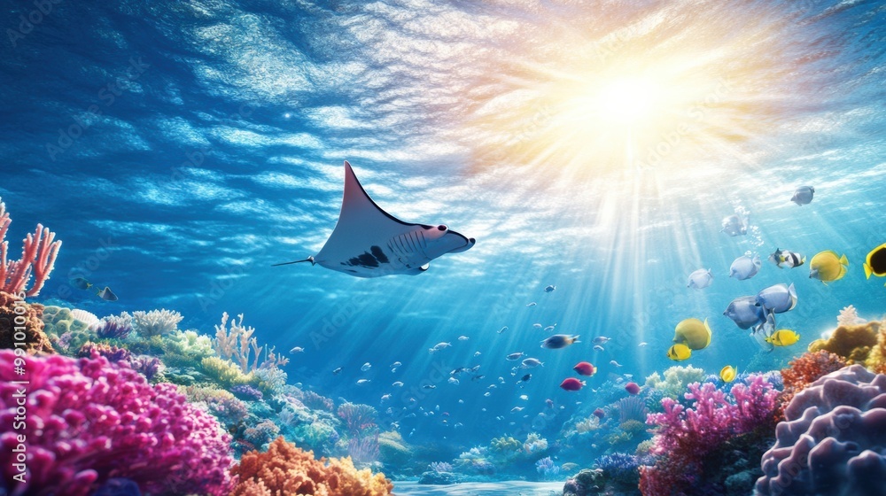 Fototapeta premium Majestic Manta Ray Gliding Through Vibrant Coral Reef