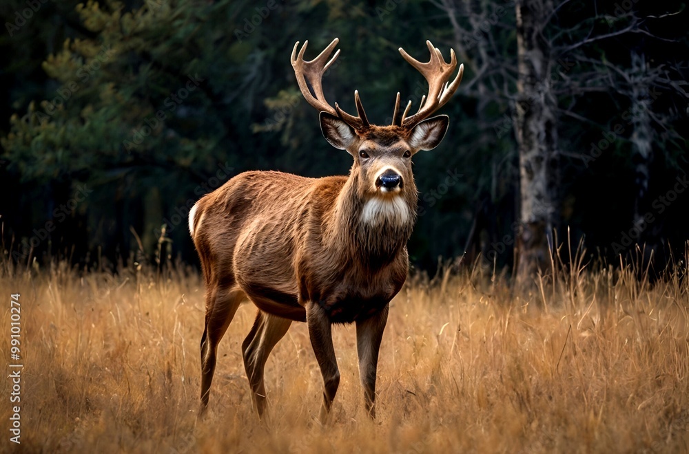 A large antlered male elk standing alone in a large forest A large antlered male elk standing alone in a large forest
