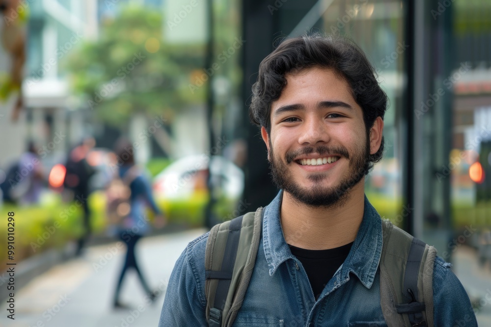 Healthy Hispanic Man Smiling Happily while Walking in City Background Healthy Hispanic Man Smiling Happily while Walking in City Background