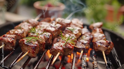 Healthy Grilling. Bar-B-Q Party with Delicious Grilled Shashliks on Summer Day photo