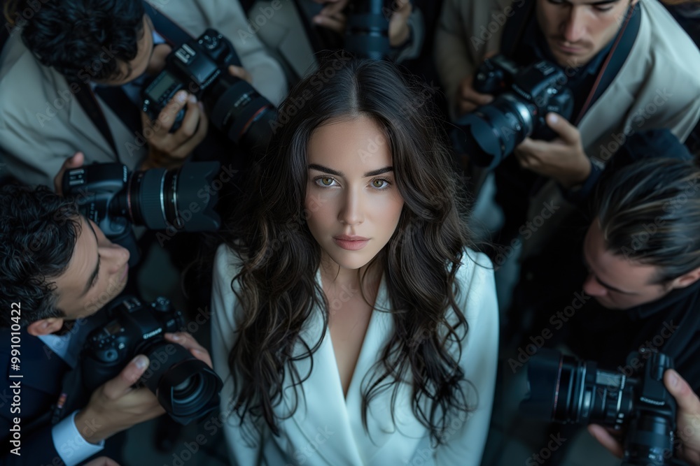 Woman with long dark wavy hair surrounded by photographers at a fashion event in a bustling urban setting Woman with long dark wavy hair surrounded by photographers at a fashion event in a bustling urban setting