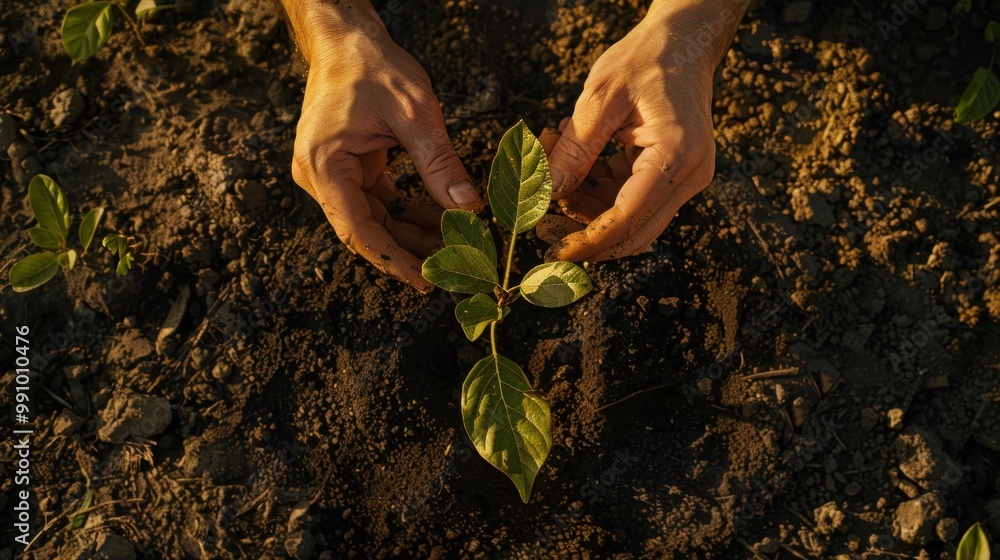 Fototapeta premium Top view of two hands planting seedlings in the ground.Concept of planting trees.