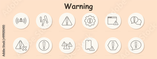 Warning set icon. Exclamation marks, warning triangle, gear with alert, browser warning, mobile alert, speech bubbles, caution, danger, error, system alert, configuration warning, notification