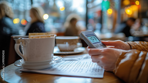 person is checking their blood glucose levels while enjoying coffee in cozy cafe