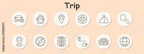 Trip set icon. House, compass, route, location, navigation, satellite, coordinates, travel, map marker, home, wayfinding, journey, trip, destination, path, waypoint, satellite dish, tracking photo