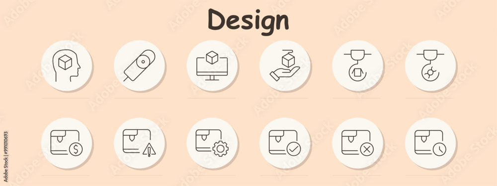 Design set icon. 3D printing, cube, computer, hand holding a cube, printer, warning, settings, checkmark, cross, clock, object creation, technology, printing error, control, maintenance Design set icon. 3D printing, cube, computer, hand holding a cube, printer, warning, settings, checkmark, cross, clock, object creation, technology, printing error, control, maintenance