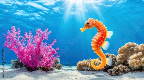 Colorful Seahorse Among Vibrant Coral Reef Underwater photo