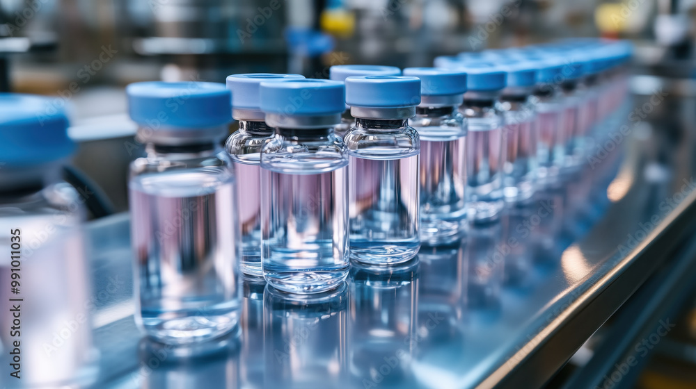Vaccine vials lined up in factory setting, showcasing precision and order Vaccine vials lined up in factory setting, showcasing precision and order