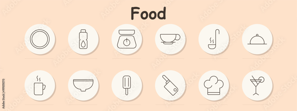 Food set icon. Water bottle, kitchen scale, teacup, soup ladle, bowl, popsicle, cleaver, chef hat, serving tray, cocktail, cooking tools, drinks, kitchenware, food preparation, desserts, beverage Food set icon. Water bottle, kitchen scale, teacup, soup ladle, bowl, popsicle, cleaver, chef hat, serving tray, cocktail, cooking tools, drinks, kitchenware, food preparation, desserts, beverage