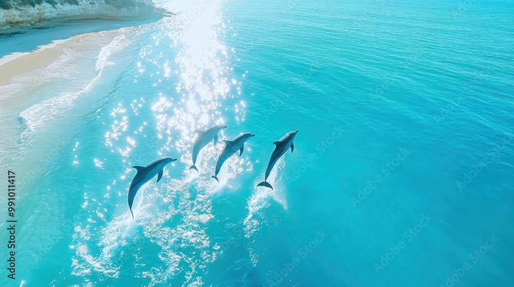 Obraz premium Dolphins Jumping Over Sparkling Ocean Waves