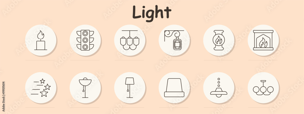 Light set icon. Candle, traffic light, chandelier, hanging lamp, fireplace, floor lamp, table lamp, ceiling lamp, pendant light, candelabra Light set icon. Candle, traffic light, chandelier, hanging lamp, fireplace, floor lamp, table lamp, ceiling lamp, pendant light, candelabra