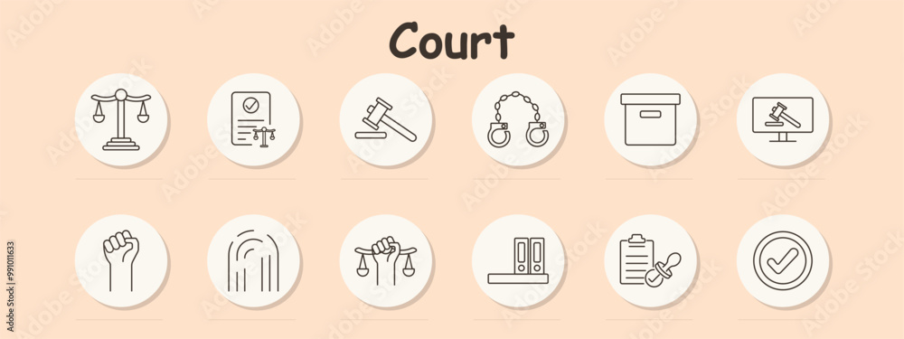 Court set icon. Gavel, scales, handcuffs, document with checkmark, legal folders, monitor with hammer, certificate, fingerprint, legal balance, trial, legal process, judgment, evidence Court set icon. Gavel, scales, handcuffs, document with checkmark, legal folders, monitor with hammer, certificate, fingerprint, legal balance, trial, legal process, judgment, evidence
