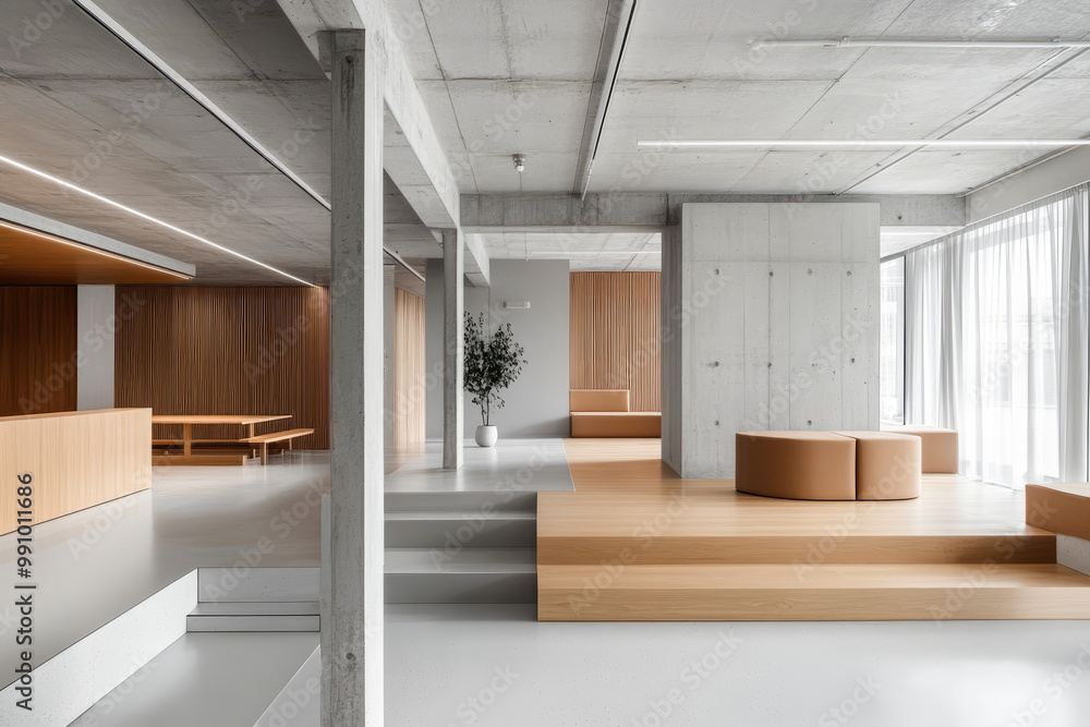 Fototapeta premium Spacious modern lobby area with minimalist design, featuring wide-open spaces, wooden accents, and plenty of natural light.