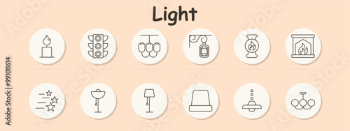 Light set icon. Candle, traffic light, chandelier, hanging lamp, fireplace, floor lamp, table lamp, ceiling lamp, pendant light, candelabra