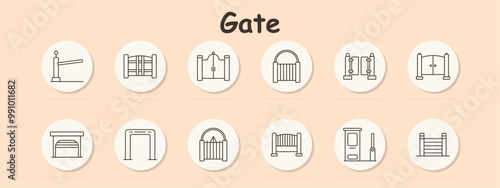 Gate set icon. Fence gates, double doors, circular handle, decorative gate, wooden barrier, sliding gate, home entrance, security gate, boundary divider, property protection