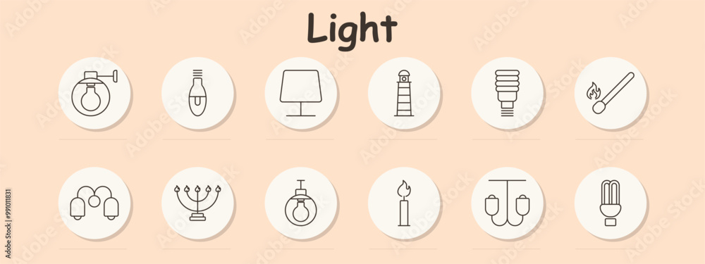 Light set icon. Lightbulb, match, lamp, lighthouse, chandelier, candle, torch, LED bulb, lantern, flame, fire, desk lamp, illumination, glow, brightness, lighting, power, electricity Light set icon. Lightbulb, match, lamp, lighthouse, chandelier, candle, torch, LED bulb, lantern, flame, fire, desk lamp, illumination, glow, brightness, lighting, power, electricity