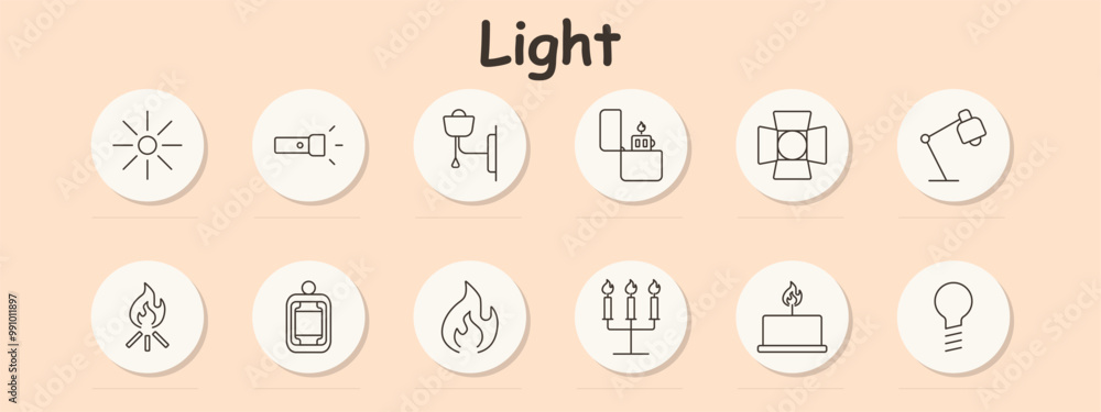Light set icon. Sun, flashlight, wall lamp, lighter, spotlight, campfire, lantern, candleholder, flame, desk lamp, lightbulb, illumination, glow, lighting, brightness. Light set icon. Sun, flashlight, wall lamp, lighter, spotlight, campfire, lantern, candleholder, flame, desk lamp, lightbulb, illumination, glow, lighting, brightness.