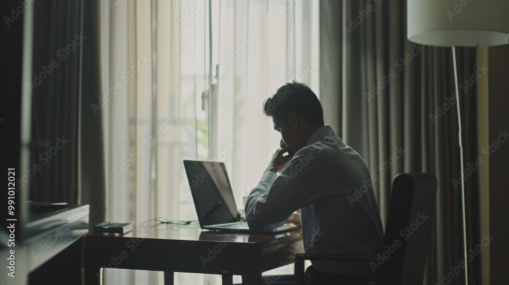 A silhouetted person engaged in focused work on a laptop in front of a softly lit window, surrounded by elegant curtains.