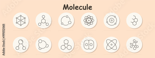 Molecule set icon. Molecular structure, atom, chemical bond, molecular ring, compound, molecular chain, atomic orbit, particle, nucleus, chemical formula, molecular model, chemistry