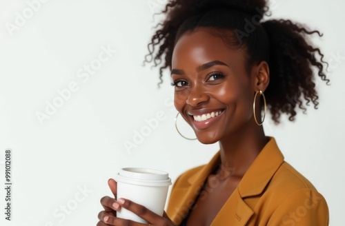 African woman stands with a paper cup for takeaway coffee drinks or tea on a white background. Place for text