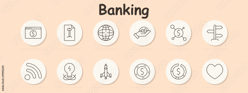 Banking set icon. Web finance, document, globe, hand with money, financial network, direction, RSS, idea, rocket, coin, circular chart, heart. Banking set icon. Web finance, document, globe, hand with money, financial network, direction, RSS, idea, rocket, coin, circular chart, heart.