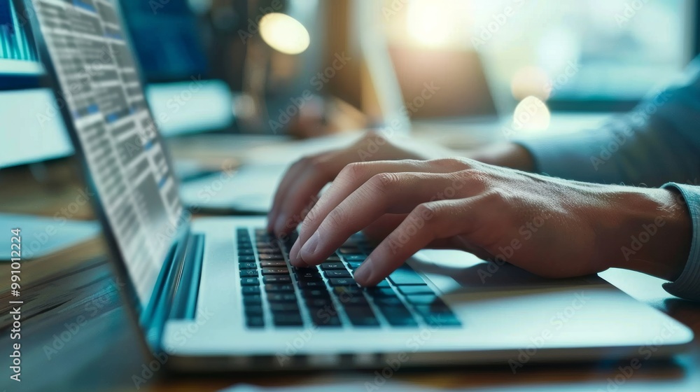 Hands typing rapidly on a laptop keyboard with busy screens on the desk, indicating a productive and focused work environment.